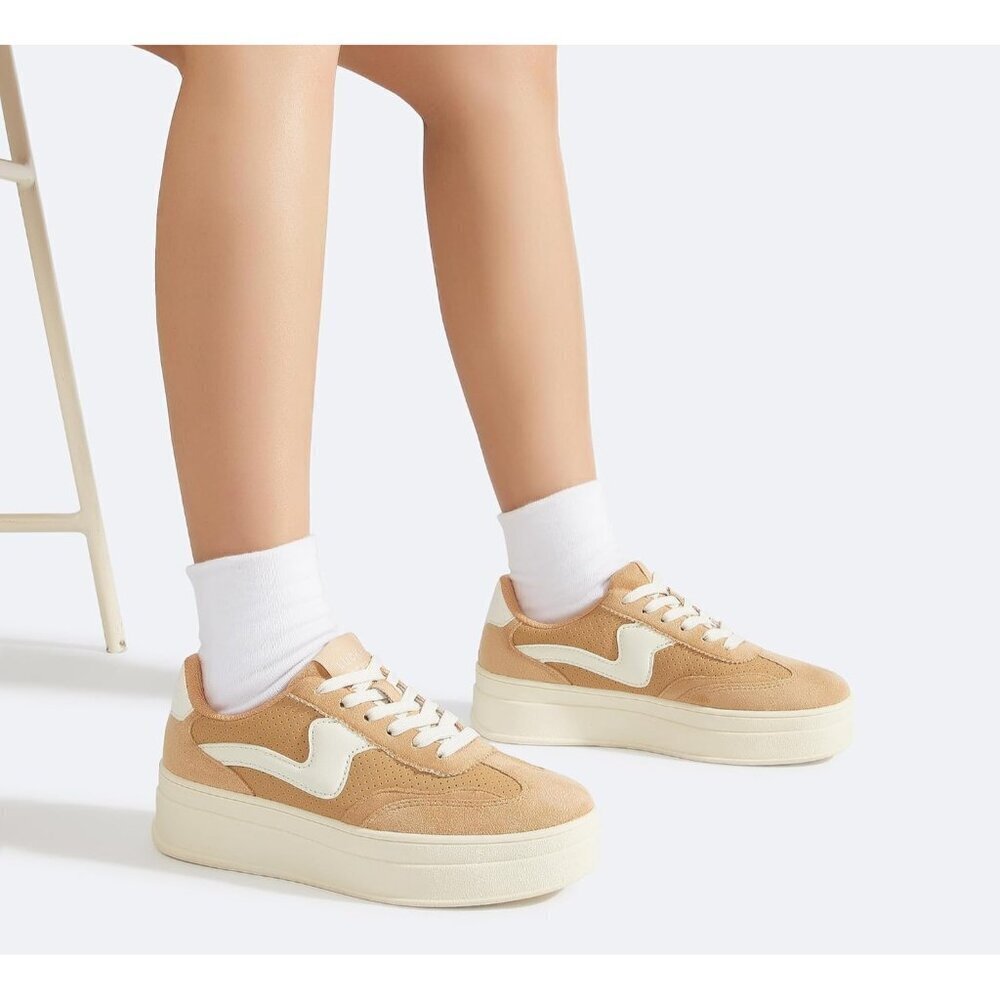 Women Platform CamelWhite Sneaker Thick Sole Suede Leather Low Top Walking Shoes - Picture 8 of 9